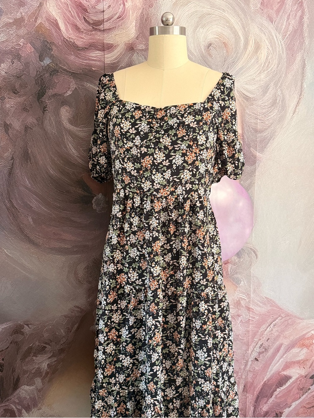 Women's Black Floral Square-Neck Midi Dress
